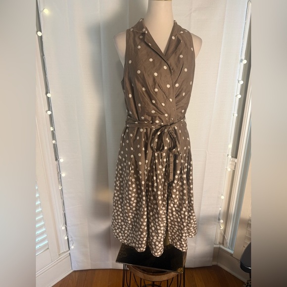 Anne Klein Brown Polka Dot Sleeveless Wrap Midi Dress Size 12 Belted - Picture 1 of 8